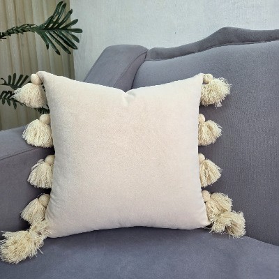 Beige velvet with tassile pillow cover 