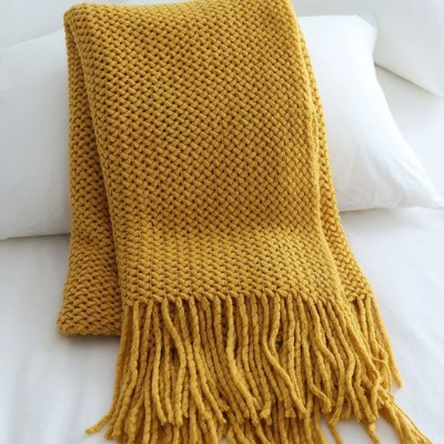 Knitted throw blanket yellow mustard L