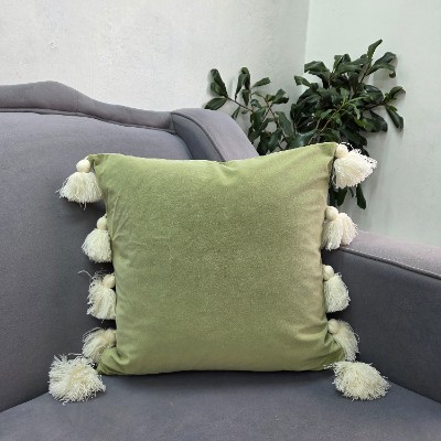 olive  green with white tassile throw pillow cover