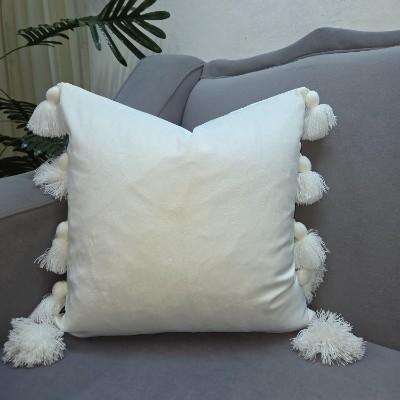 White velvet with tassile pillow cover