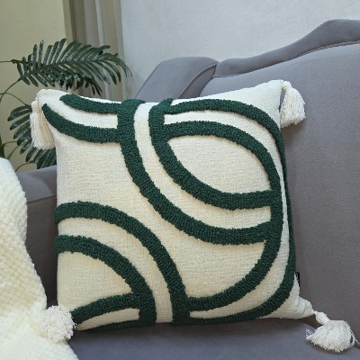 Woven green and white lane throw pillow cover 